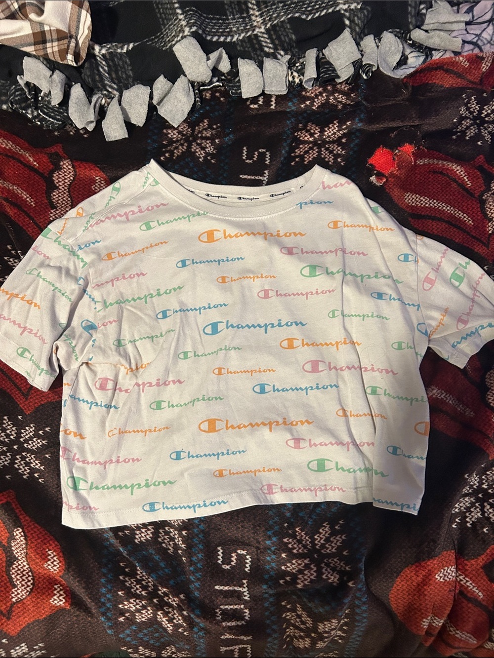 Champion White Cropped Tee with Multicolor Logo Print